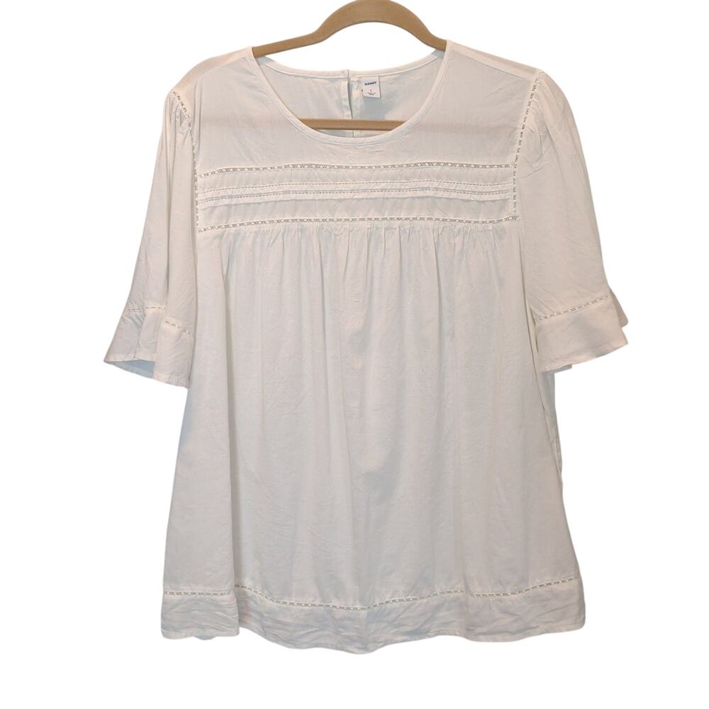 Old Navy Sz L White Cotton Pleated Flare Sleeve Shirt Boho Fairy Prairie Cottage